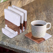 Wood And Marble Coasters With Stand - Set of 4 - Family Friendly Furniture