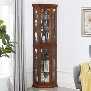 Walnut Corner Curio Cabinet with Lights, Adjustable Tempered Glass Shelves, Mirrored Back