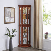 Walnut Corner Curio Cabinet with Lights, Adjustable Tempered Glass Shelves, Mirrored Back