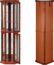 Walnut Corner Curio Cabinet with Lights, Adjustable Tempered Glass Shelves, Mirrored Back