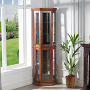 Walnut Corner Curio Cabinet with Lights, Adjustable Tempered Glass Shelves, Mirrored Back