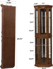 Walnut Corner Curio Cabinet with Lights, Adjustable Tempered Glass Shelves, Mirrored Back